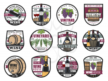 Wine house and vineyard, winery store, wine making icons. Vector bottles of red and white wine, wooden barrels and grape. Grand reserve of grapevine, valleys and alcohol drink glasses