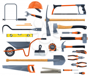 Work tools and diy isolated vector instruments. Garden and carpentry items, construction and woodwork accessories. Plastering and building, helmet and spade, measure ruler, hammer and screw