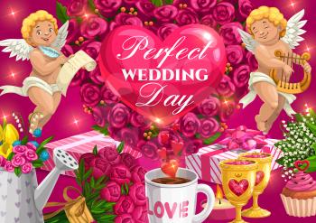 Wedding day greeting calligraphy, heart balloon and roses flowers. Vector wedding party celebration, cupid angles with golden harp, wedding cake, gifts and cupcakes, love potion in cups