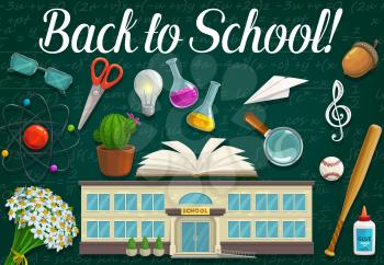 School and student education supplies on classroom blackboard, Back to School design. Vector book, notebook and scissors, pupil items, glue and magnifier, atom, baseball ball, bat and chalkboard