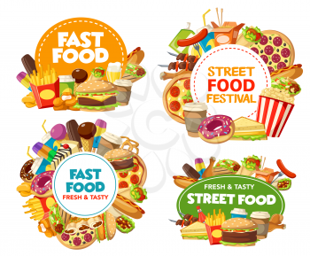 Fast food meal, drinks and desserts vector design of burger cafe and restaurant icons. Pizza, hamburger and fries, hot dog, sandwiches and soda, chicken nuggets, ice cream and coffee, donut, popcorn