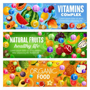 Natural fruit vitamins complex vector banners of organic food design. Tropical berries of mango, pineapple and papaya, exotic pandan, mangosten and banana, apple, fig and watermelon, soursop, grapes