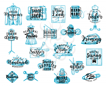 Tailor shop lettering icons with sewing tools and equipment sketches, fashion vector design. Sewing machine, scissors and needle, thread, button and mannequin, dress, tape measure, dressmaker patterns