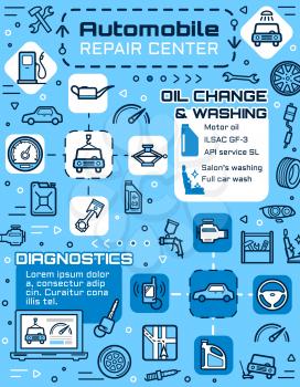 Auto repair service of car diagnostics and vehicle maintenance vector design with mechanic garage spare parts. Motor oil, wheel and tire, spanner, fuel and engine, wrench, piston and spark plug
