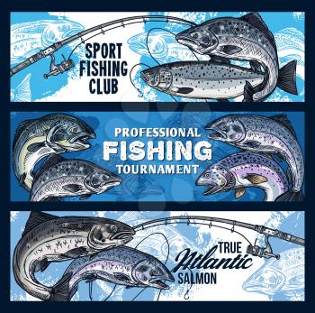 Fishing sport tournament vector banners with fishing rods and fish sketches. Salmon on hook of spinning, fisherman sport club competition design