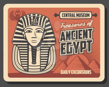 Ancient Egypt pharaoh Tutankhamen with pyramids of Giza and scarab amulet vector design of Egyptian travel landmark. Gold death mask with royal insignia of cobra and vulture, museum promotion poster