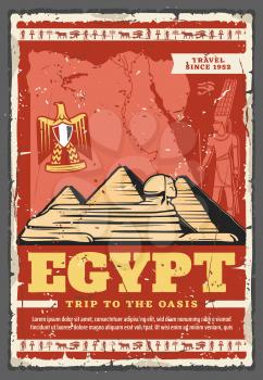 Egypt travel landmarks of Giza pyramids, Sphinx and ancient Egyptian pharaoh vector design of tourism. Great pyramids with map and heraldic eagle of Egypt, Ankh, eye of Horus and Anubis hieroglyphics