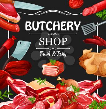 Butcher shop meat and sausages, natural butchery farm products. Vector salami and cervelat sausages, beef steak and pork ham or mutton ribs, gastronomy gourmet veal medallions and bacon