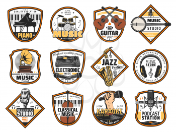 Sound recording studio label, music instruments shop and DJ equipment store icons. Vector karaoke bar, jazz festival signs, music band instruments guitar, classical violin and retro vinyl gramophone