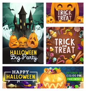 Halloween trick or treat party, scary pumpkin lanterns and horror monster candy skulls and eyes. Vector Halloween holiday greetings with witch broomstick, spooky ghosts and haunted Dracula castle
