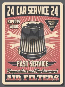 Car service center, diagnostics and mechanic repair garage station. Vector vintage posters of car restoration service, air filters replacement, wheel lug wrenches and automobile spare parts