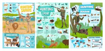 African safari hunt, wild animals hunting season posters. Vector hunter ammo equipment rifle guns and traps of sport hunt for lion, bear or deer and elk, forest hunting infographics on world map