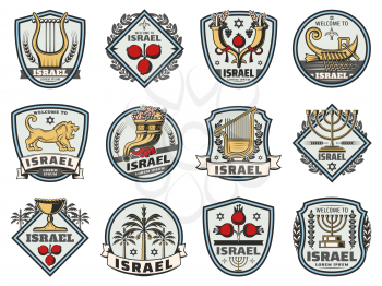 Israel travel and welcome badges, traditional Jewish heraldic symbols. Vector Judaism religion icons of Hanukkah Menorah, David star and Shofar cornucopia horn, holy grail and and pomegranate