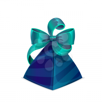 Gift box with bow, birthday or wedding present with blue and green ribbon, vector. Jewelry gift box present in wrapper, holiday celebration luxury gift package of triangle shape