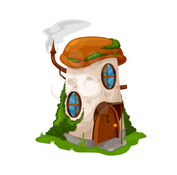 Fairytale mushroom house of dwarf gnome, cartoon vector elf home hut. Fairy tale dwarf or forest gnome house dwelling in mushroom, shelter house with wooden door and chimney smog