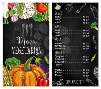 Vegetable food blackboard menu of vegetarian restaurant with vector sketches of fresh veggies. Tomato, pepper, broccoli and radish, garlic, green pea, cauliflower, asparagus chalkboard menu template
