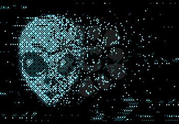 Glitch screen digital distortion with pixel noise and alien crumbling face on black background. Vector glowing neon glitched effect, distorted glitch futuristic design with extraterrestrial character