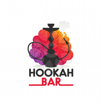 Hookah bar vector icon with shisha or nargila black silhouette. Isolated hookah, bowl, glass vase, hose and pipe mouthpiece with smoke cloud emblem, Arabic or Turkish hooka lounge club and cafe design