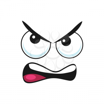 Irritated angry smiley in bad mood isolated emoji with eyebrows up. Vector bad mood emotion, wrathy sad emoji with open mouth. Angry smiley, irritated grumpy emoticon, social network chatting sign
