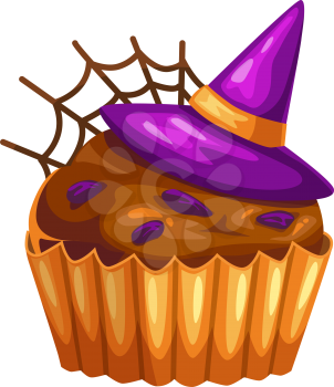 Homemade Halloween cupcake with witches hat and spider web isolated realistic icon. Vector muffin pastry food dessert, cake bun bakery with buttercream. Chocolate bakery, holiday party treat or trick