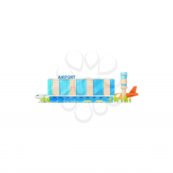 Control tower and airport building isolated glass construction icon. Vector facade exterior of airlines terminal, Arrival and departure zone, passenger and cargo planes. Parking, airplanes at airfield