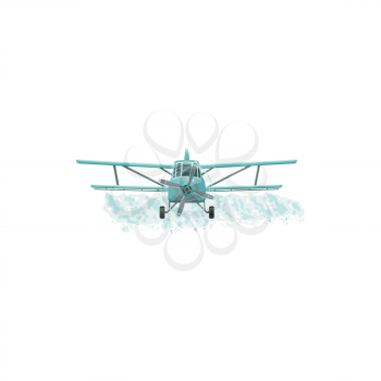 Aerial pest control, pesticide fumigation and agrarian disinsection service, vector icon. Airplane or aircraft plane spraying pesticide disinfectant on field, insect parasites aerial pest control