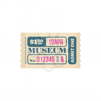 Retro ticket to museum isolated random coupon card. Vector admit one admission to visit exhibition, performance or excursion in museum. Raffle coupon with date and price, special voucher, class A