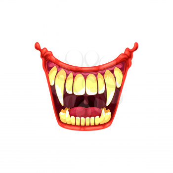 Vampire or clown mouth with fangs vector icon. Cartoon monster roar scary jaws with long pointed teeth, open yell maw roar or yell isolated on white background