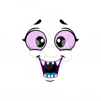 Cartoon monster face isolated vector icon, funny facial emoji of Halloween creature. Emotion toothy smile with big purple round eyes, mouth with sharp teeth, blue tongue isolated on white background
