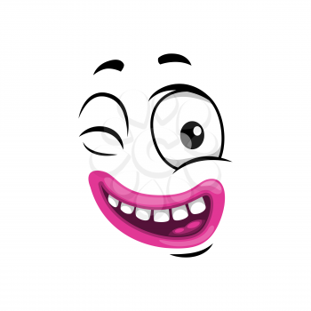 Cartoon face vector icon, funny emoji with happy smile and wink eye. Playful facial expression, positive frisky feelings isolated on white background