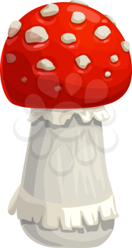 Mushroom amanita vector icon, cartoon fly agaric toxic forest plant with red and white mottled cap. Autumn season symbol, botanical object isolated on white background