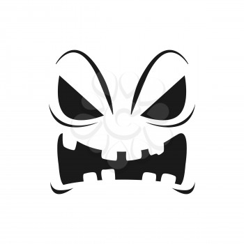 Halloween pumpkin face vector icon, scary evil emoji with creepy eyes and toothy mouth. Ghost, jack lantern isolated monochrome monster face emotion