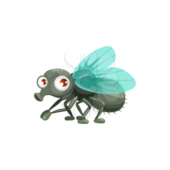Cartoon fly vector icon, funny insect with cute face and big eyes. Pest control service mascot, design element. Wild flying creature isolated on white background