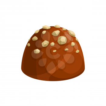 Praline candy with pieces of nut isolated sweet food dessert. Vector premium chocolate sweets, one candy with white sprinkles in realistic design. Delicious chocolate treat food dessert with topping