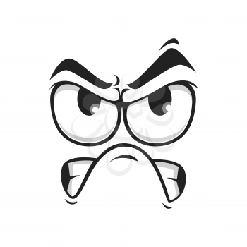 Upset emotion, wrathy sad emoji with closed toothy mouth, angry smiley isolated. Vector grumpy sullen emoji, ireful or rageful emoticon. Irritated angry smiley in bad mood, emoji with eyebrows up