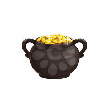 Pot with gold vector icon, leprechaun treasure, Irish st. Patricks Day cauldron with golden sparkling coins pile, money, loot cartoon isolated symbol on white background