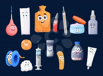 Cartoon first aid kit characters, vector medicine pills in bottle, cute happy clyster, syringe and thermometer with ointment in jar. Capsule with tablets and patch, cotton pad and cream tube