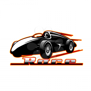 Retro racing car vector icon of race sport competition. Vintage speed car isolated symbol of old classic vehicle with racer in helmet, wind screen and red speed motion trail