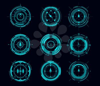 HUD compass or aim control panel vector futuristic user interface of Sci Fi. HUD game navigation compass and military aim system, sniper weapon target, scope crosshair, collimator sight, shoot range