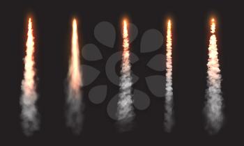 Rocket fire smoke trails, spacecraft startup launch clouds. Vector space jet fire flames, airplane or shuttle straight contrails in sky, realistic 3d design elements set isolated on black background