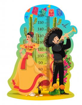 Kids height chart. Mexican mariachi and woman in tabasco dress, flowers, cactus and garlands. Children growth meter with mexican culture symbols, mariachi musician playing on trumpet and dancing woman