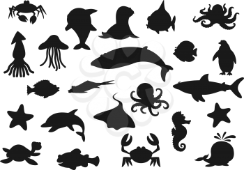 Fish, sea animal and seafood black silhouettes of sea life vector design. Whale, crab and sea turtle, shark, jellyfish and starfish, octopus, dolphin and squid, stingray, seahorse, penguin and seal