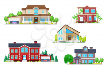 Home and house building vector icons of village cottages with roofs, doors and windows, garages, chimneys, garden trees and green grass. Real estate, architecture and construction industry themes