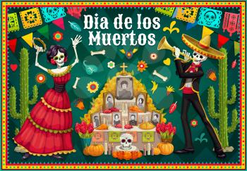 Dia de los Muertos altar and dancing skeletons vector design of Mexican Day of the Dead. Catrina and mariachi musician with sugar skull, marigold flowers and sombrero, paper flags, cactuses and cross