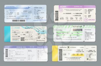 Airline boarding pass ticket vector templates, travel by plane design. Flight cards with flying airplane symbols, passenger informations and world map, barcodes and QR codes. Aircraft transport themes