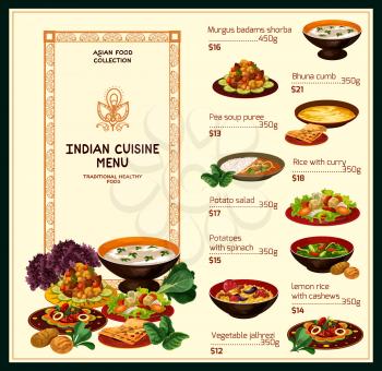 Indian restaurant menu vector template of rice with meat curry and vegetable dishes. Chicken and lentil soups, jalfrezi, potato spinach stew and lamb bhuna, pilau with lemon and cashew, potato salad