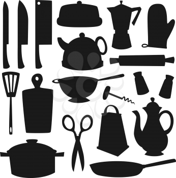 Kitchen utensils and cutlery black silhouettes of kitchenware vector design. Knives, cooking pot, salt and pepper shakers, frying pan, teapot and grater, spatula, coffee pot, colander and rolling pin