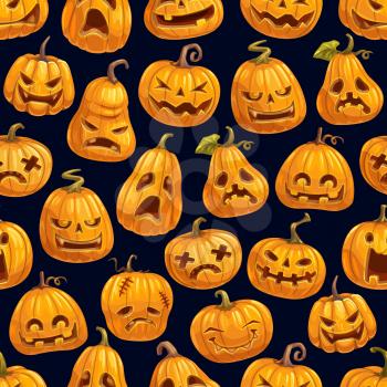 Halloween pumpkins pattern. Vector seamless Halloween horror night and trick or treat party seamless background of pumpkin lantern with skull monster fire eyes and evil face carving