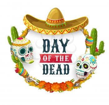 Dia de los Muertos, Mexican Day of Dead fiesta party poster. Vector Day of Dead holiday in Mexico, catrina calavera skulls with sombrero, maracas, marigold flowers wreath and altar photos