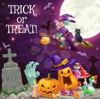 Halloween holiday trick or treat vector design with witch and pumpkins at cemetery. Sorceress flying on broom with black cat and bats, horror lanterns, potion bottle and zombie hand on graveyard